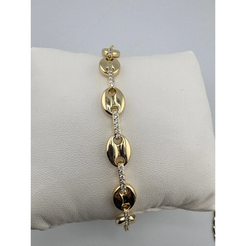 14k Gold Plated Puffed Mariner Link Bracelet CZ Coffee Bean Adjustable Chain